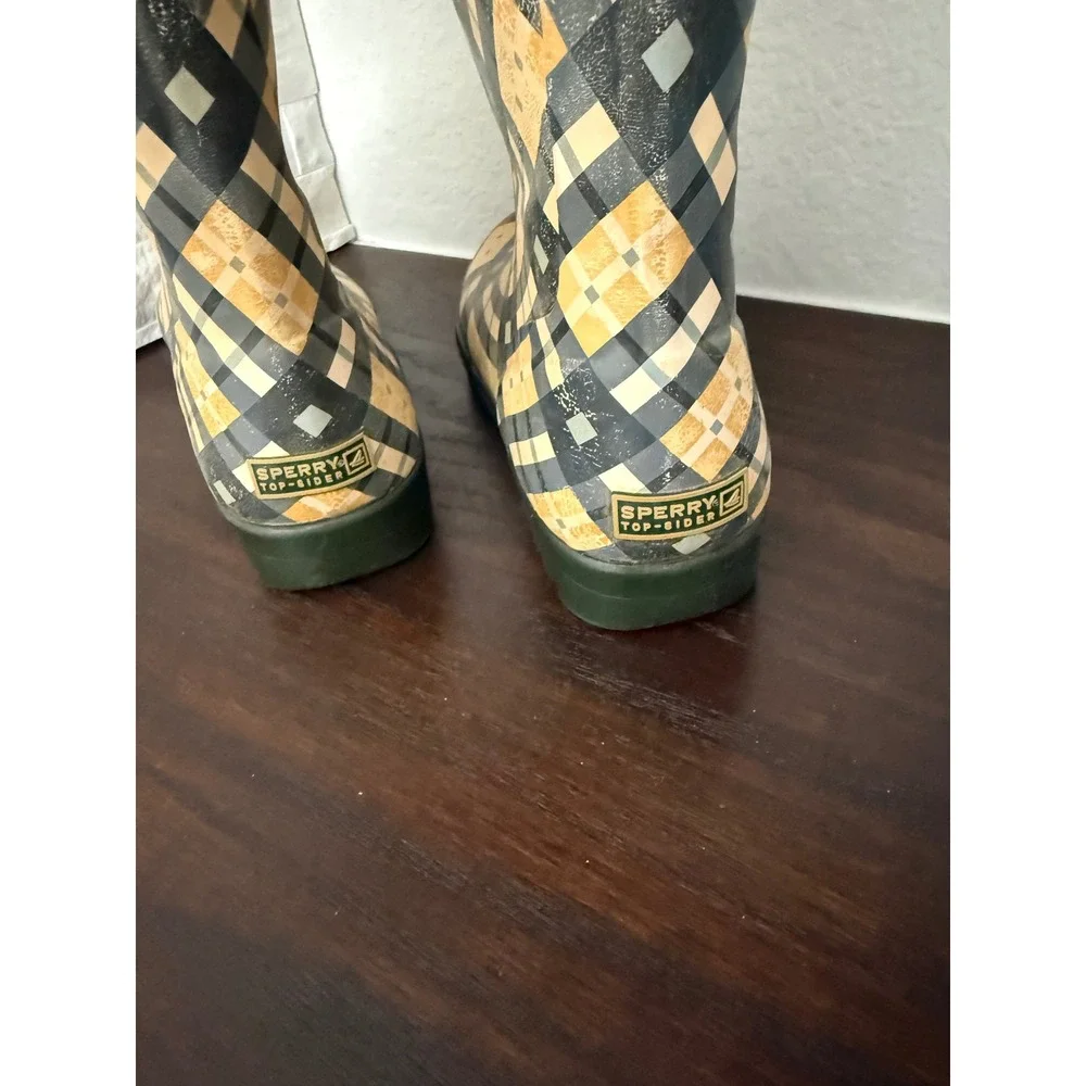 Sperry Top-Sider Womens Plaid Waterproof Rubber Rain Boots Yellow Green Size 6